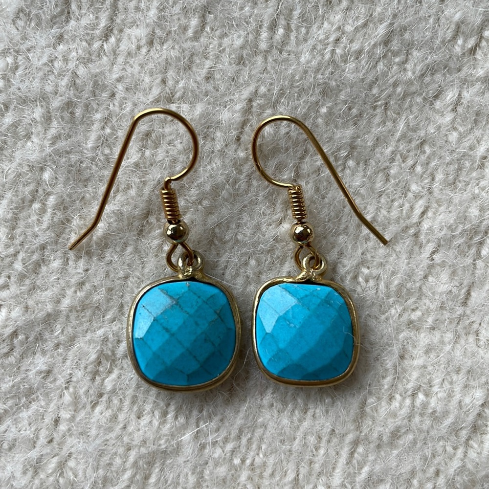 Hand made blue and gold dangle earrings